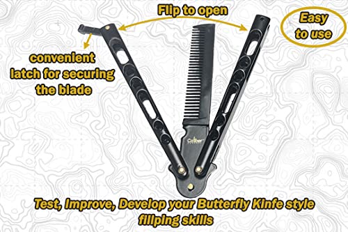 Caliber Gourmet Butterfly Knife Style Bottle Opener and Comb Combo Bundle Pack for Beer, Soda, Bartender, Bottle Cap, Barbecue, Black