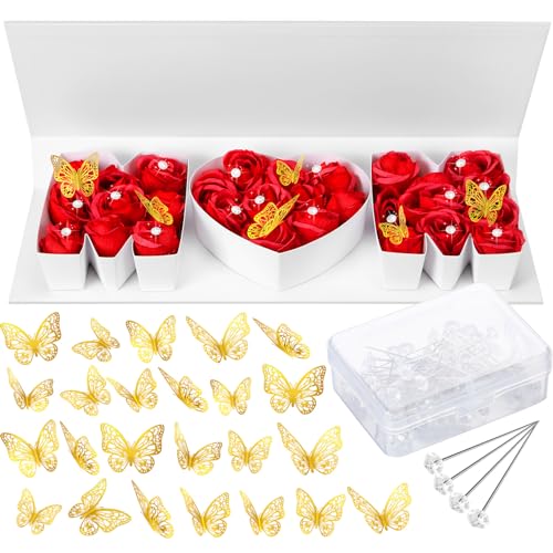 Cholemy Mothers Day MOM Empty Flower Gift Box Letter Shaped Fillable MOM Gift Box with Plastic Liners 24 Gold Butterfly Decor 50 Bouquet Flower Pins DIY Craft Gift Set for Valentine Birthday (White)