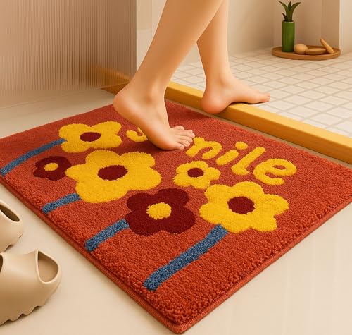 Image of SANMARINO Luxurious 2000 GSM Microfiber Bath Mat | Super Soft, Thick & Fluffy | Anti-Skid, Super Absorbent, Machine Washable Bathroom /Bedroom /Kitchen /Door Mat (40x60 cm, Pack of 1) Red & Yellow