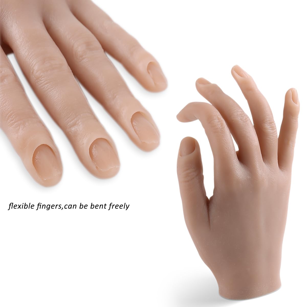 Silicone Practice Hand for Acrylic Nails, Soft Flexible Fake Hand Practice Nail Acrylic Technician Fake Nail Mannequin Hand with 100PCS False Nail Tips, Nail Art Beginner Kit Training Tools