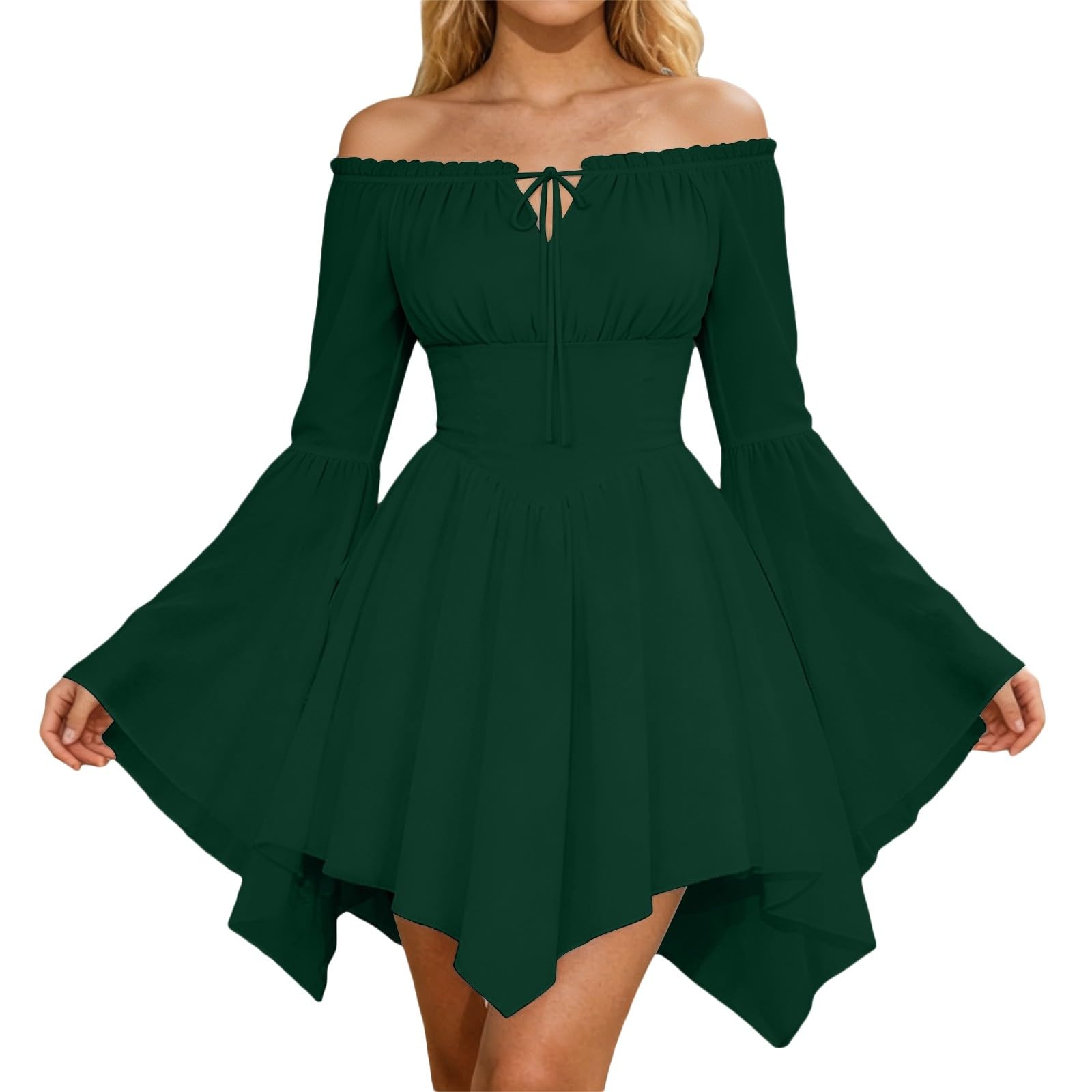 White Pirate Dress for Women, Off Shoulder Ruffle Mini Dress with Puff Sleeves, Smocked Bodice A Line Romper Jumpsuit with Elastic Waist, Pirate Dress for Halloween Cosplay Party — image 1