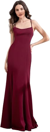 Womens Long Satin Prom Dresses A Line Spaghetti Straps Bridesmaid Dresses Burgundy Ball Gown