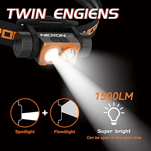 Nicron Rechargeable Headlamp, High Bright 1500 Lumens 180° Rotating Aluminum Led Head Lamp With 3 Light Sources 10 Modes Waterproof Head Flashlight H25 For Camping Hunting Running Fishing Biking,Black #TOP5