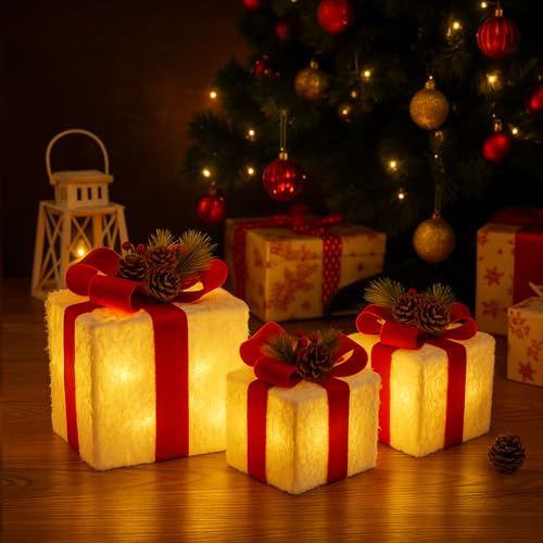 Atzciyr Set of 3 Christmas Lighted Gift Boxes with 60