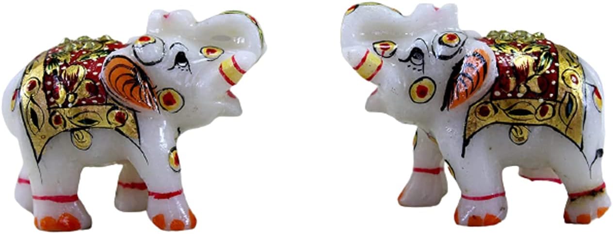 eSplanade Marble Elephant Family - Set of 2 - Sculpture Showpiece Figurines - Home Decor - White Multi - 3" Inches (Small) - Image 5