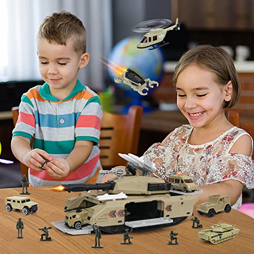 Xduoyjoy Military Tank Toy Sets, Army Toys With 7 Vehicles, Army Men Trucks Helicopter Birthday Gift For Boys Age 4-7, Easy To Store #TOP6