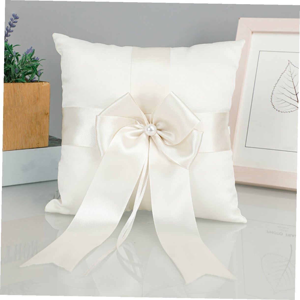 Toyvian Wedding Ring Pillow Bowknot Ring Bearer Pillow White Satin for Wedding Ceremony Engagement Party Decoration