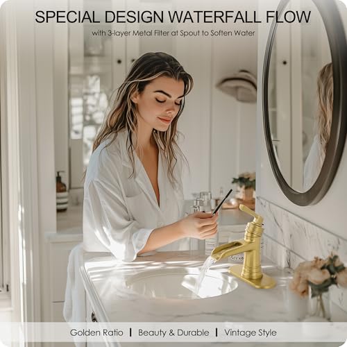 HEYMYTAP Brushed Gold Bathroom Faucets One Hole, Brass Waterfall Bathroom Sink Faucet 3 Hole 4 Inch With Pop-up Drain, Deck Plate, Pre-Installed cUPC Hose for Farmhouse, Lavatory, 5 Mins Quick Install by HEYMYTAP - Used condition - Image 2