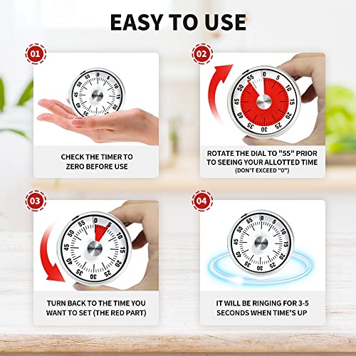 Mechanical 60-Minute Kitchen Timer With Stainless Steel Face And Magnetic Back, Visual Timer For Kids, Toddlers, Teachers, Time Management Tool For Study, Cooking, Baking #TOP4