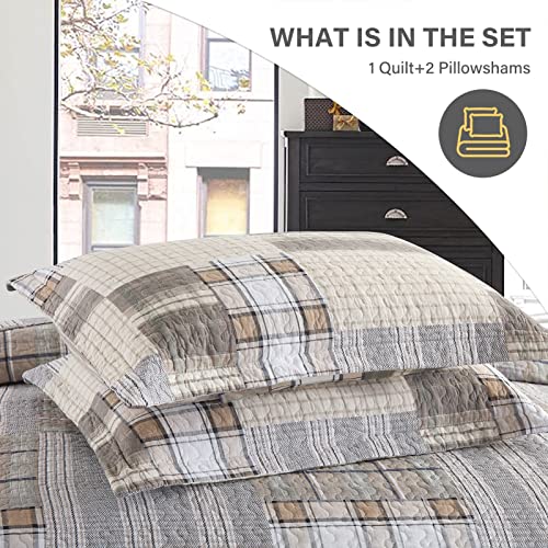 Sahsahcasa Quilt Queen Size, Queen Quilt Set, 100% Cotton Queen Quilt Bedding Set Bedspreads, Farmhouse Patchwork Reversible Plaid Lightweight Quilts Bedspread For Queen Bed, Beige/Grey/Tan #TOP5