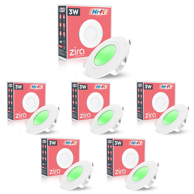 Image of elleys' ZIRA 3W LED Down Light (Green Light) Round Recessed Ceiling LED Light | Cut Out- 45 mm | BIS Certified & 4KV Surge Protection pop Lights for Ceiling (3W, Pack of 6)
