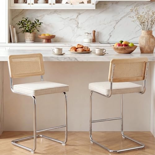 Image of Zesthouse Rattan Counter Stools Set of 3, 26'' Mid Century Modern Bar Stools, Linen Fabric Counter Height Barstool with Solid Wood Back & Natural Cane Mesh, Boho Cantilever Island Chair, Beige Grayish