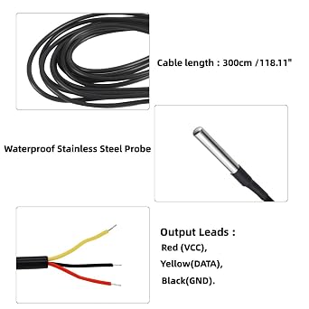 Waterproof DS18B20 Temperature Sensor, Digital Temperature Thermal Cable Temperature Range (-55C~ +125C) Digital Temperature Probe Sensor -3 Meter / 9.8Ft, 5 Pack