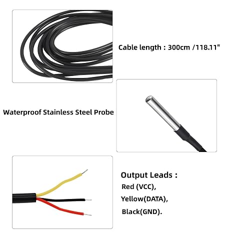 Waterproof DS18B20 Temperature Sensor, Digital Temperature Thermal Cable Temperature Range (-55C~ +125C) Digital Temperature Probe Sensor -3 Meter / 9.8Ft, 5 Pack