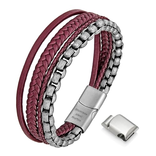 Image of murtoo Mens Bracelet Leather Bracelet for Men Brown Black Leather with Stainless Steel Chain Bracelet Bracelet for Men Gift (Silver Red, 8.5'')
