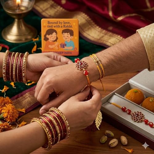 Image of SAUDEEP INDIA Decorative Fridge Magnet for Refrigerator Decor | Free Lumba Rakhi Set for Bhaiya Bhabhi | Raksha Bandhan Gift Combo | Cotton Thread Couple Rakhi Festive Gift Home Decor(Red Feather)