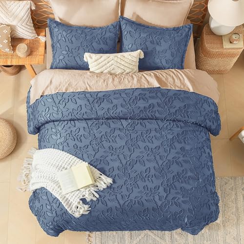 Image of Litanika Queen Size Comforter Set Ocean Blue, 3 Piece Cream Boho Tufted Bedding, Fluffy Farmhouse Bed Set for All Season with 2 Leaf Pattern Pillowcases(90x90In)