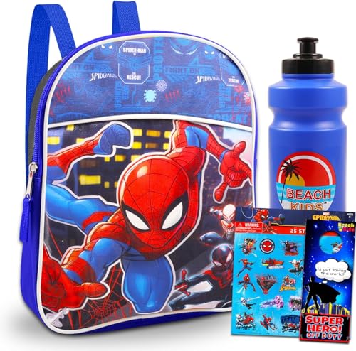 Spider-Man Mochila do Homem-Aranha para crianças – Pacote com mini mochila escolar do Homem-Aranha de 28 cm para crianças, garrafa de água, adesivos, mais mochila pequena para meninos