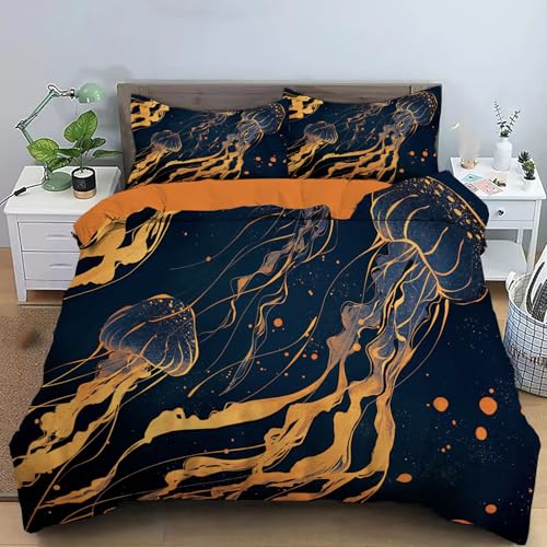 Parure couette méduse luxueuse bleu et or au design abstrait chic