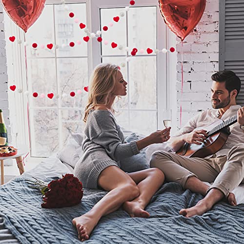 3 Pcs Valentine's Day Felt Ball & Heart Garlands- Grey, White & Red Felt Pom Pom And Felt Heart Hanging Ornaments For Valentine's Day, Anniversary, Wedding, Party Decors, Memorial Gifts #TOP2