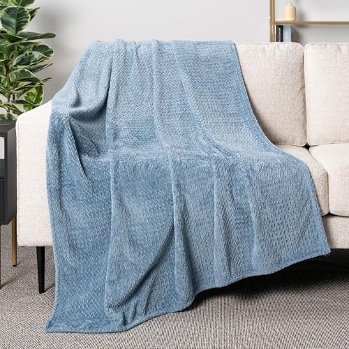 PAVILIA Soft Fleece Dusty Blue Throw Blanket for Couch, Lightweight Plush Warm Blankets for Bed, Fuzzy Cozy Flannel Blanket Throw for Sofa, Travel, Jacquard Pattern, Dusty Blue, 50x60 inch