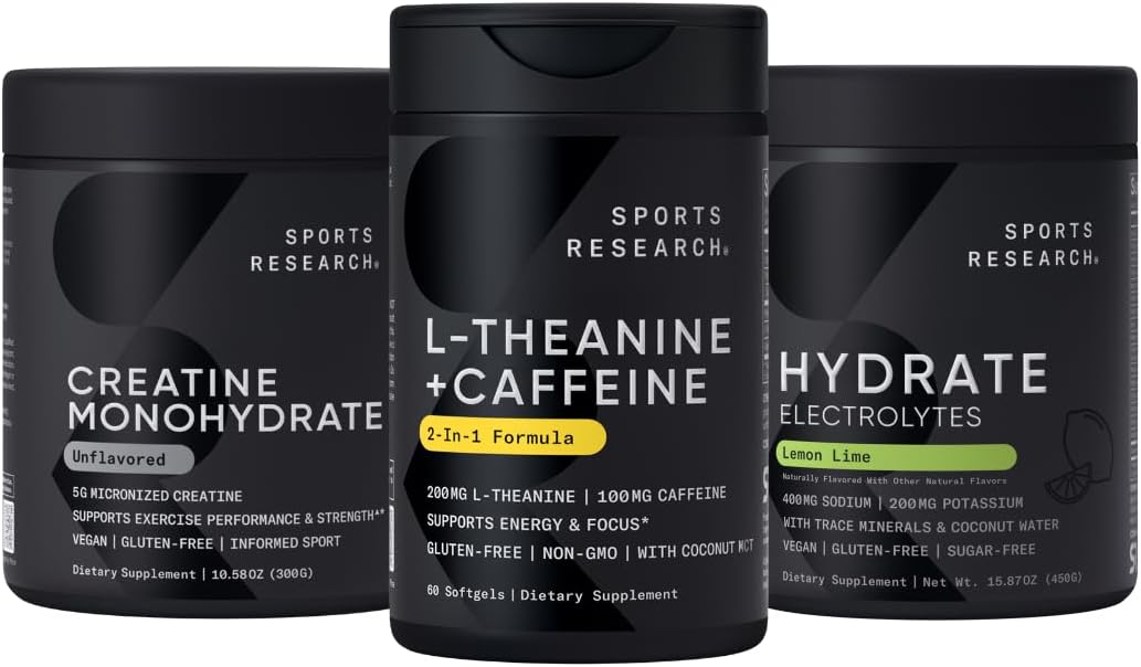 Sports Research® Pre Workout Pack - Creatine Monohydrate 10.58 oz + L-Theanine 200mg with Caffeine + Hydrate Electrolytes Lemon Lime