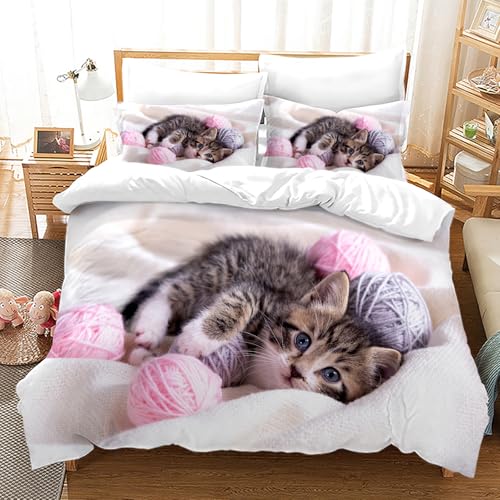 LLTTEER Housse de Couette Chat, Parure de Lit Imprimé Motif Mignon Chat avec 2 Taies d'oreiller,3D Animal de Compagnie Ensemble Housse de Couette pour Enfants...
