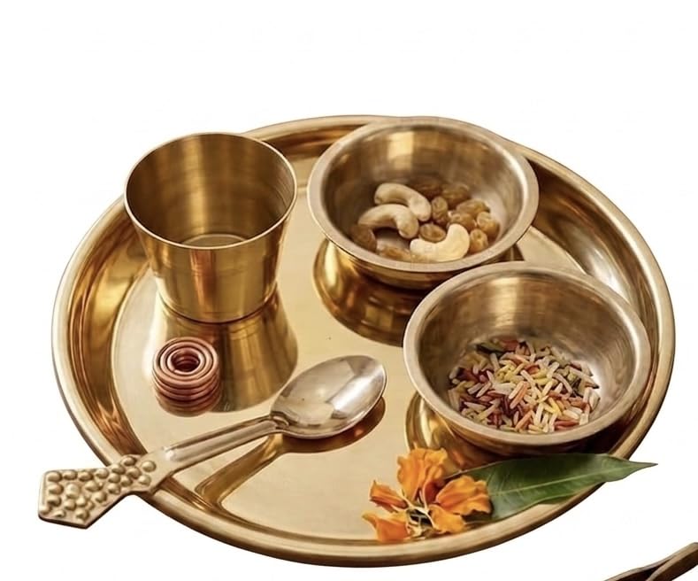 Brass Puja Bhog Thali Bartan Set for Kanha/Laddu Gopal, 5 Pieces, 5 Inch/12 cm Diameter, Golden Finish, Traditional Design | Complete 5-Piece Spiritual Set: Is pack mein dainik puja aur anusthanon ke liye 1 traditional s plate, 2 bowls, 1 glass aur 1-image-20