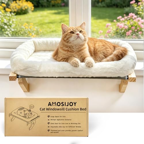 AMOSIJOY Cat Window Perch with Cushion, Wood & Metal Frame