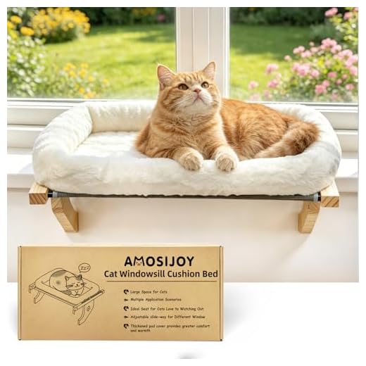 AMOSIJOY Wooden Cat Windowsill Perch with Zipper Cushion Bed, 21.7in