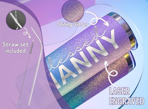Image of Onebttl Christian Grandma Gifts for Mother's Day, 20oz Purple & Blue Glitter Skinny Tumbler, Straw & Lid Included, Nanny Gifts - Blessed Nanny