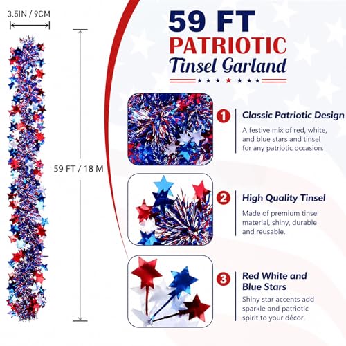 Nalkuwmsic 60Ft Patriotic Glitter Tinsel Garland, 4th of July Decorations Red White Blue, for Tree Car Golf Cart Parade Float Bike Table Yard Door Boat, Indoor Outdoor Holiday Home Party Supplies by Nalkuwmsic - Image 2