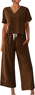 oelaio Casual 2 Piece Outfit for Women - Lapel Long Sleeve V Neck Linen Shirt Wide Leg Linen Pant Sets Fall Comfy Linen