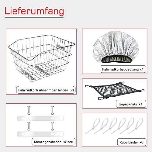 Fahrradkörbe Hinten Rostfreier Stahl mit Regenabdeckung Gepäcknetz für Fahrradgepäckträger Hinten Ebike, Universelle Größen Abnehmbare Einfach