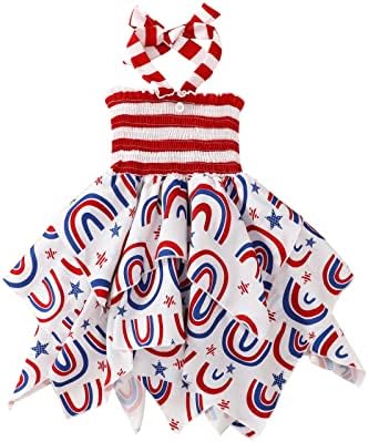 OikMombiu Toddler Baby Girl 4th of July Dress American Flag Stars Stripes Halter Dress Smocked Princess Pleated Short Dresses (Red Stripe&Rainbow, 12-18 Months)