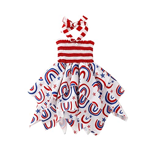 Oikmombiu Toddler Baby Girl 4Th Of July Dress American Flag Stars Stripes Halter Dress Smocked Princess Pleated Short Dresses (Red Stripe&Rainbow, 12-18 Months) #TOP23