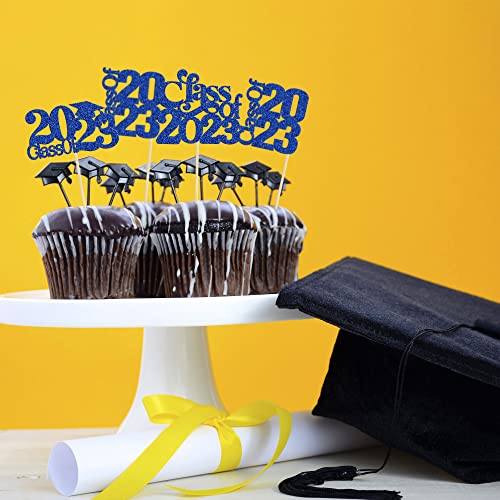 30 Pack 2023 Graduation Theme Cupcake Toppers Glitter Class Of 2023 Cupcake Picks Graduation Cap Cake Decorations For 2023 Graduation Theme Party Supplies Blue #TOP4