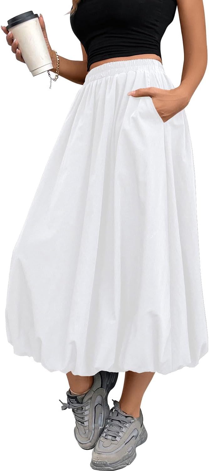 Women's Black Bubble Skirt Elastic Waist Casual Party Y2K Puffy Hem A-line Long Skirts with Pockets