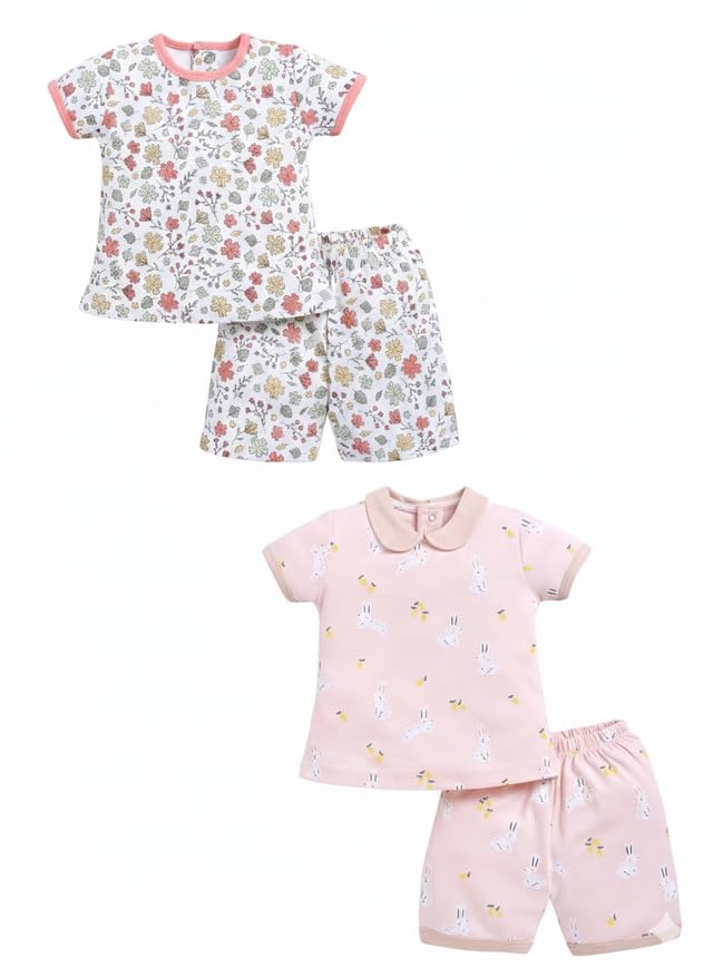 Image of BABY GO Baby Boys & Baby Girls Clothing Set | Summer Co-Ord Set for Baby | Printed 100% Cotton Half Sleeve T-Shirt & Shorts Combo | Soft Cotton Casual Wear Outfit for Infants & Toddlers Pack of 2