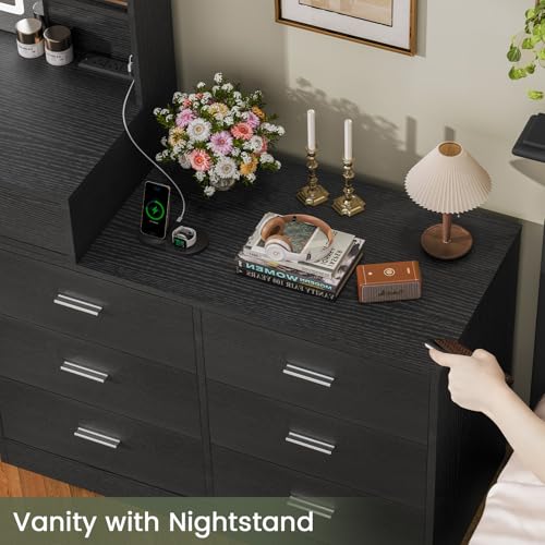 Image of FIONESO Vanity Desk with LED Light Mirror & Power Outlet, 8 Drawers, 6 Storage Shelves, 3 Color Modes & Adjustable Brightness Makeup Vanity, Corner Vanity, L Shape Vanity, 39.4 inch-64.9 inch Desk, Black