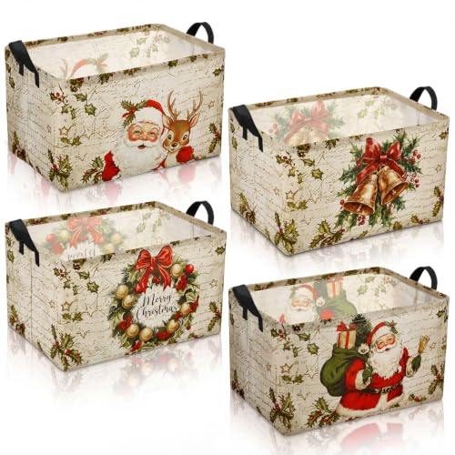 Image of Chunful 4 Pack Christmas Storage Baskets for Gifts Collapsible Christmas Santa Claus Reindeer Retro Farmhouse Laundry Storage Bins Foldable Box with Handles for Home Bedroom Office Clothes Containers