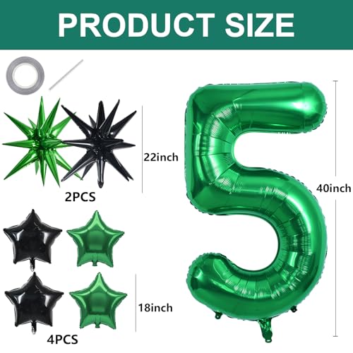 Image of TONIFUL 5th Birthday Balloons 40 Inch Green Large Number 5 Foil Balloon 18 Inch Helium Mylar Heart Star Shaped Ballons for Boys Men Birthday Anniversary Graduation New Year Eve Party Decoration
