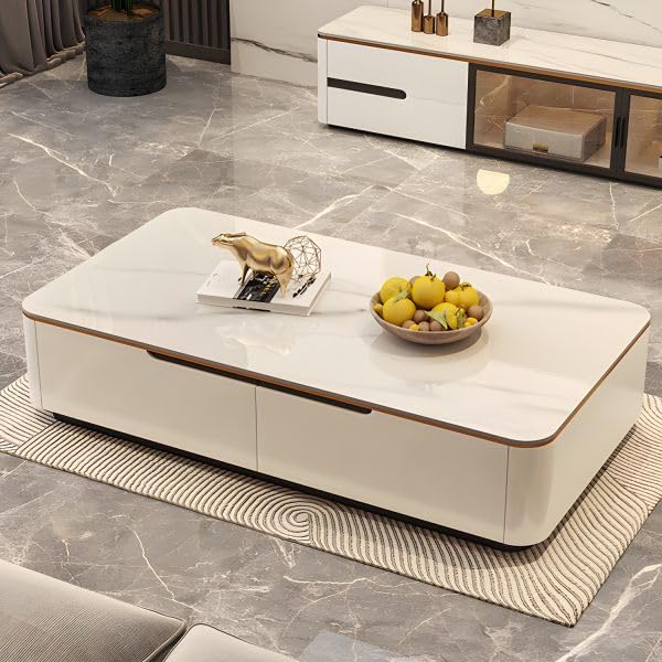 Image of WOODEN SPACE Jaguar Modern Marble Top Coffee Table with Storage | 47.24 Inch Rectangular Centre Table for Living Room | High Gloss Finish (White)