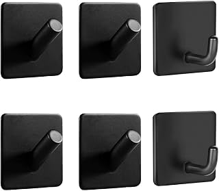 LINFIDITE 6 Pack Adhesive Hooks Heavy Duty Utility Hooks Sticky Wall Hanger 304 Stainless Steel Hook Holder Towel Coat Robe Door Wall Mount Cabinet Bathroom Kitchen Office Rustproof Waterproof Black