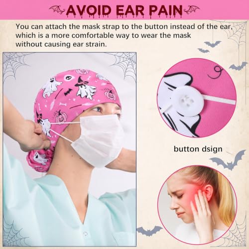 Image of HooLing 6 Pcs Scrub Caps for Women Nursing Hat with Button | Adjustable Tie Back Working Cap Bouffant Scrub Hats