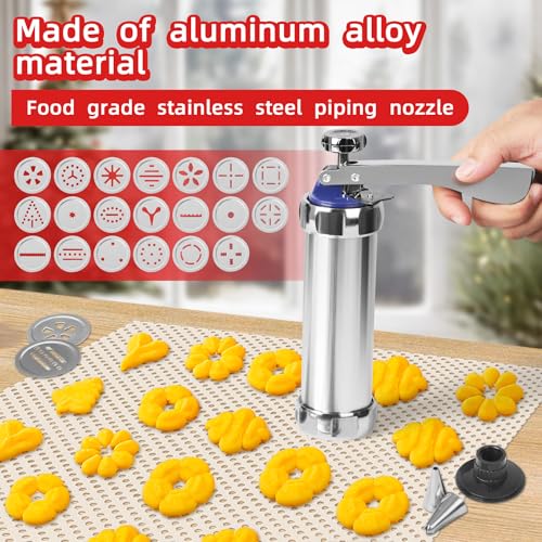Spritz Cookie Press Kit - 20 Stainless Steel Discs & 8 Icing Nozzles - Professional Biscuit Maker with Effortless Trigger - Complete Spritz Cookie Maker for Homemade Treats and Pastry Decoration