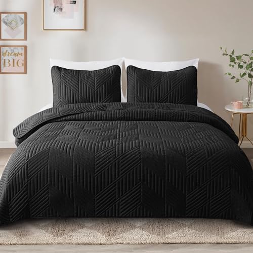 Exclusivo Mezcla Ultrasonic King Quilt Bedding Set, Lightweight Black Bedspreads Soft Modern Geometric Coverlet Set for All Seasons (1 Quilt and 2 Pillow Shams)