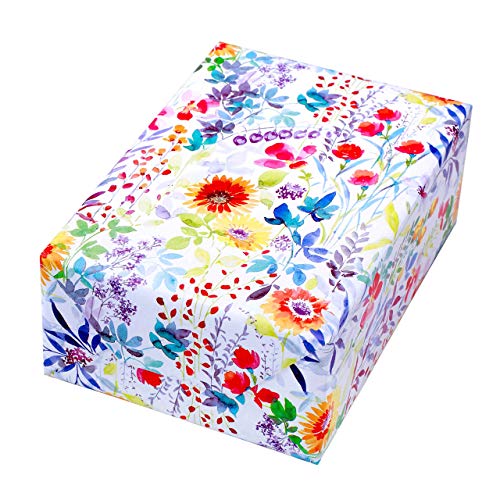 JUNG Rouleau d'emballage 50 cm x 50 m Motif fleurs aquarelles colorées sur fond mat pour anniversaire, femme, printemps, été Cover