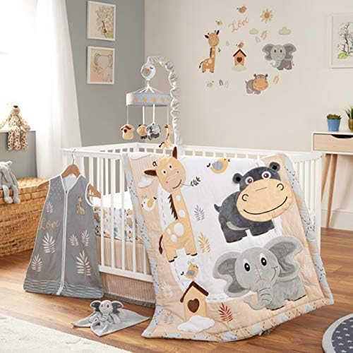 OBERLUX Crib Bedding Set for Boys and Girls, 8 Piece Baby Nursery Bedding Crib Set, Jungle Animal Safari Theme, Gray/Tan/White