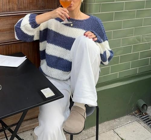 FOMOYUU Women Oversized Striped Sweater Color Block Knit Long Sleeve Sweatshirt Loose Pullover Y2K Preppy Jumper3